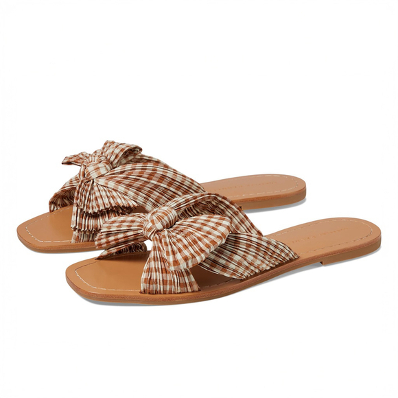 NIB Loeffler Randall Rima Women\'s Bow Slide Sandals Brown Gingham - Size US 9